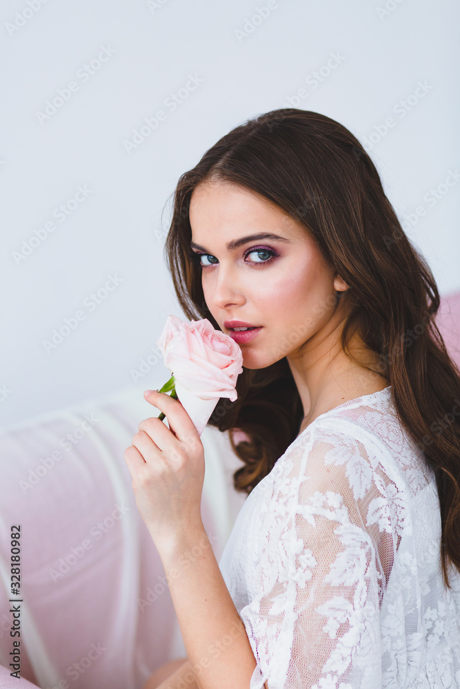 Close-up portrait of young beautiful model with rose Close-up portrait of young beautiful model with rose