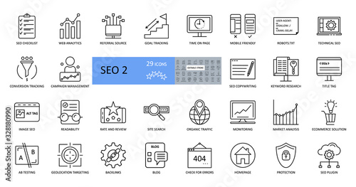 SEO vector icons. A collection of 29 editable strokes. Website promotion in search engines, analytics system, checking for technical errors, copywriting and blogging, tracking goals and conversions.