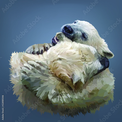 A game of two cubs of polar bears. They hug each other with their paws. The polar bear is trying to bite the second by the ear. Polygonal graphics. Vector. EPS10.