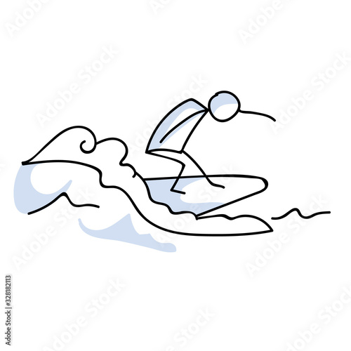 Cute stick figure surfing on ocean wave vector clipart. Hawaiian outdoor sports. Hand drawn simple surfer illustration. Tropical summer holiday. EPS 10. 