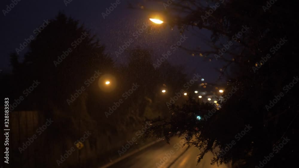 A highway in a rainy night from a higher perspective. A tree is in the foreground. A highway in a rainy night from a higher perspective. A tree is in the foreground.