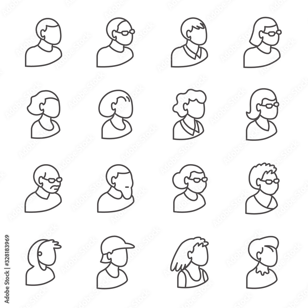 Set of people’s bust in isometric projection as icons of users in line style Set of people’s bust in isometric projection as icons of users in line style