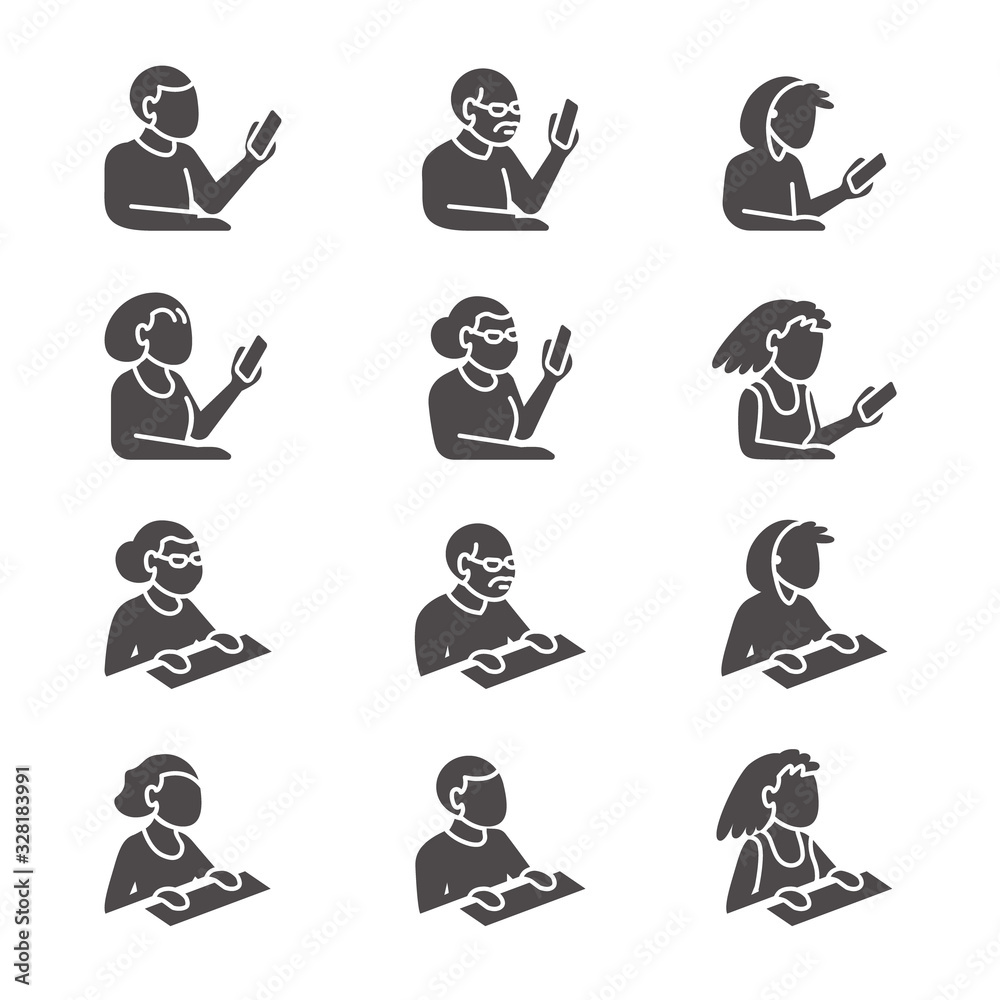 Set of people’s bust in isometric projection as users with gadgets in glyph style Set of people’s bust in isometric projection as users with gadgets in glyph style