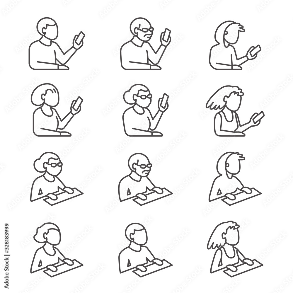 Set of people’s bust in isometric projection as users with gadgets in line style Set of people’s bust in isometric projection as users with gadgets in line style