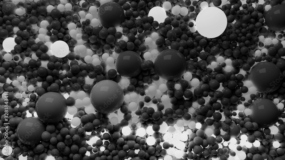beautiful shiny balls of different shades of gray and sizes completely cover surface. Some spheres glow. 3d photorealistic render geometric holiday background of shiny balls