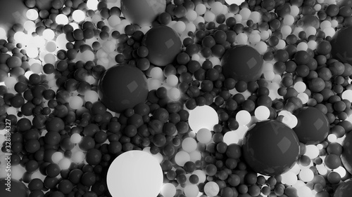 beautiful shiny balls of different shades of gray and sizes completely cover surface. Some spheres glow. 3d photorealistic render geometric holiday background of shiny balls © Green Wind