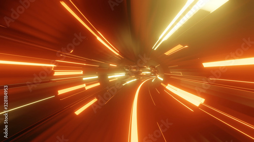 Sci-fi tunnel with neon lights. Abstract high-tech tunnel as background in the style of cyberpunk or high-tech future. Red yellow orange colors 7