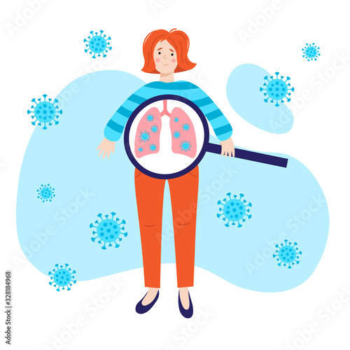 a girl with the covid-19 coronavirus in her lungs. vector illustration. concept for the epidemic quarantine. symptom of disease. 2019-ncov.
