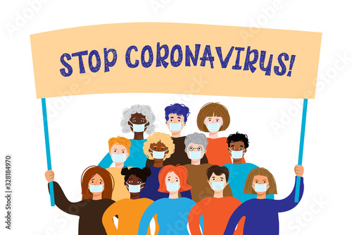people in medical masks with a banner "stop coronavirus". the concept of quarantine, the fight against covid-19 (2019-ncov).  Preventing an epidemic.