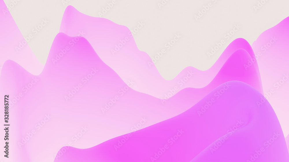 abstract fantastic background, liquid gradient of paint with internal glow forms hills or peaks like landscape in subsurface scattering material, mat color transitions. Purple