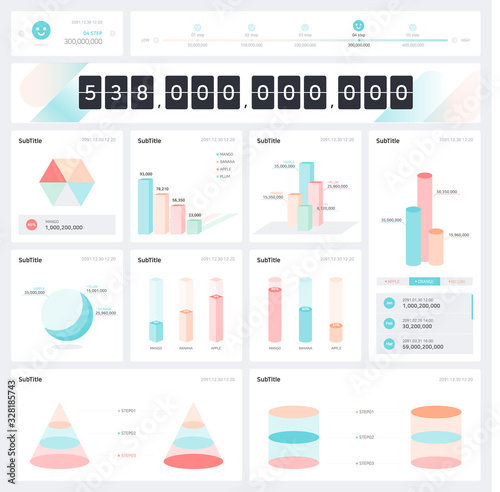 Colorful infographic of realistic data representation using three-dimensional figures