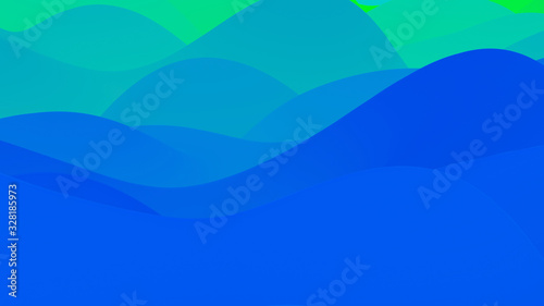 abstract fantastic background, liquid gradient of paint with internal glow forms hills or peaks like landscape in subsurface scattering material, mat color transitions. Blue green