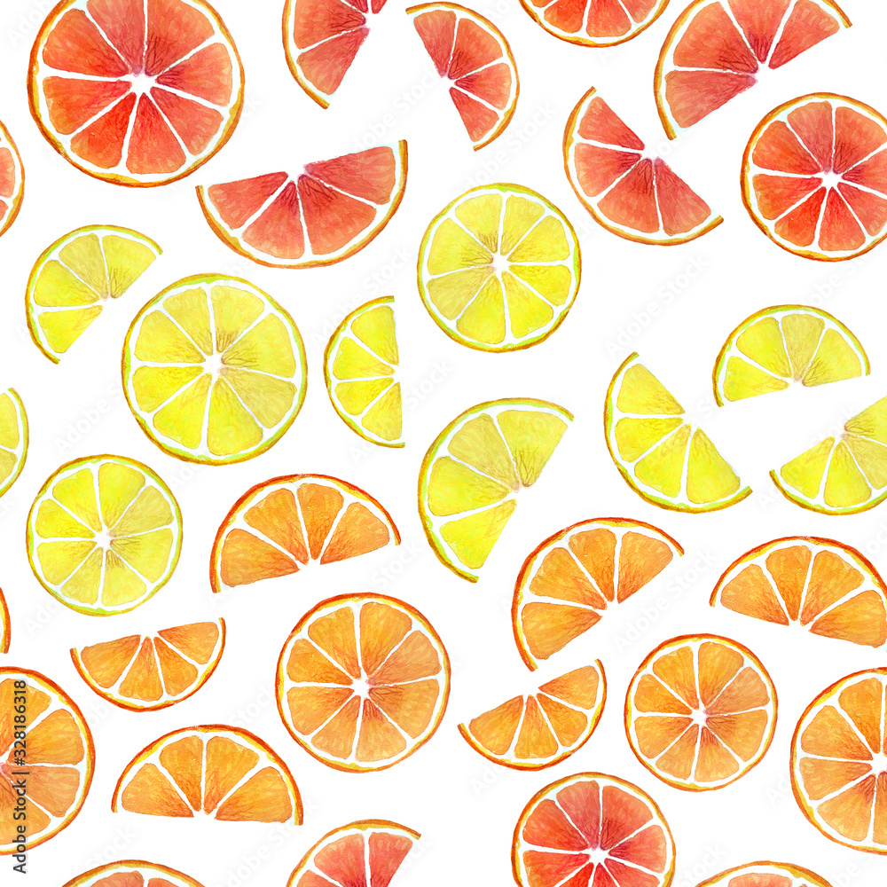 Seamless pattern with orange slice and lemon slice and grapefruit slice. Fruit lie ranks. Summer watercolor illustration. Digital paper for wallpaper, scrapbooking, textile , wrap