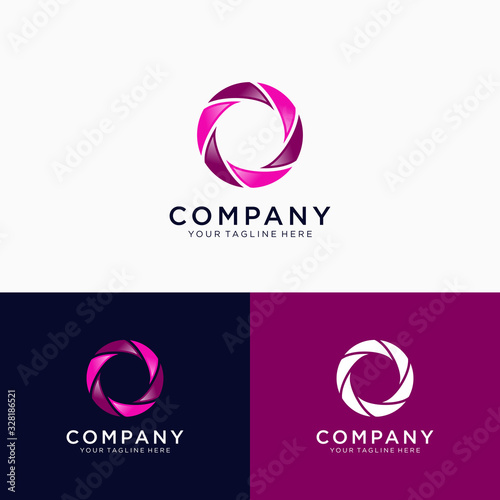 Camera lens shutter logo design emblem violet purple wedding photography logo vector illustration logo template