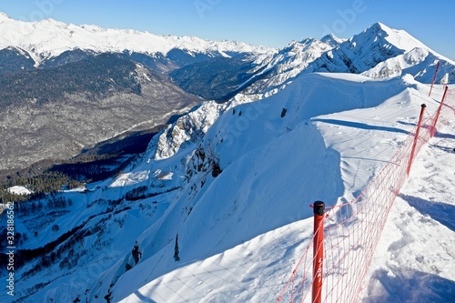 snow-capped mountain peaks in a ski resort