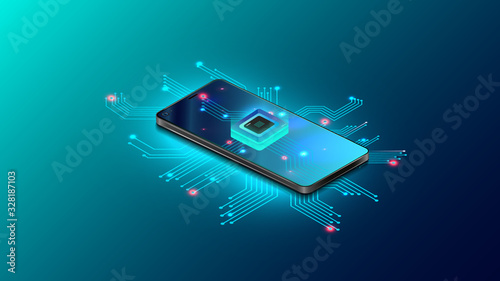 Futuristic microchip processor with backlight on the phone in blue. Phone, big data processing, database concept.