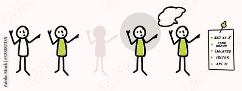 Hand drawn stick figure pondering pose. Concept of lecture, explanation or talk. Simple vector stickman line art icon. Symbol sign with speech bubble. Isolated set of 5 in simple crayon doodle color.