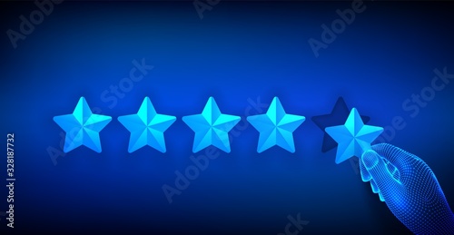 Experience rating and confidence concept. Wireframe hand giving a five star. Increase rating company or ranking, feedback, evaluation and review. Business satisfaction support. Vector illustration.