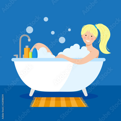 The girl takes a bath with foam. A young woman is relaxing in the bathroom. vector hand drawn flat illustration with a cute female character. home Spa.