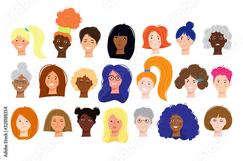  set of hand drawn flat female faces of different races, nationalities and ages with different emotions.  girl and woman avatar for social networks. character's head. Joy, sadness, anger, surprise.