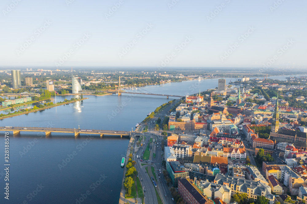 : Aerial view photo from flying drone to Stone Bridge and Old Riga panorama. Riga, Latvia