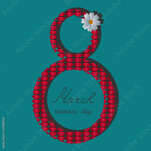 Happy womens day. March 8. Festive postcard. Ornament from scarlet lips. White chamomile decoration. Lettering. Colored vector illustration. Isolated green background. Delicate flower. 
