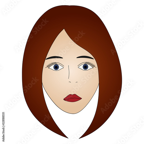 Color vector illustration of a brunette girl's face with blue eyes. Full face. Long lashes. Black eyebrows. Her lips were painted scarlet. Hairstyle the classic Bob. Face on an isolated background. Id