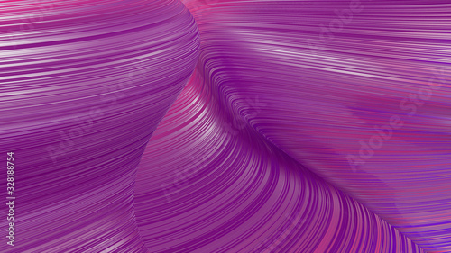 Beautiful abstract background of waves on surface, color gradients, extruded lines as striped fabric surface with folds or waves on liquid. Red purple 1
