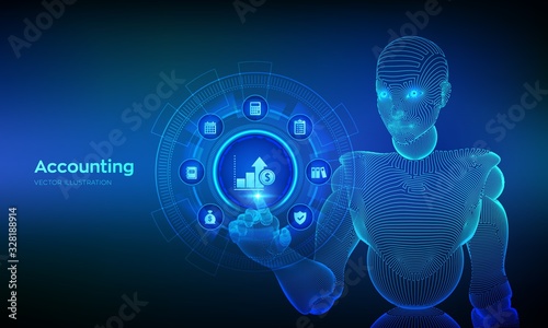 Accounting. Accountancy service. Banking Calculation. Financial analysis, investments and business consulting concept. Online banking. Wireframed cyborg hand touching digital interface. Vector.