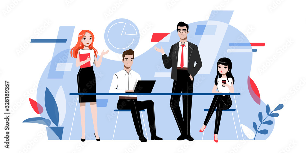 Brainstorming And Teamwork Concept. Creative Business People Men And Women Develop New Project Or Startup In the Office. Business People Collection. Cartoon Outline Linear Flat Vector Illustration