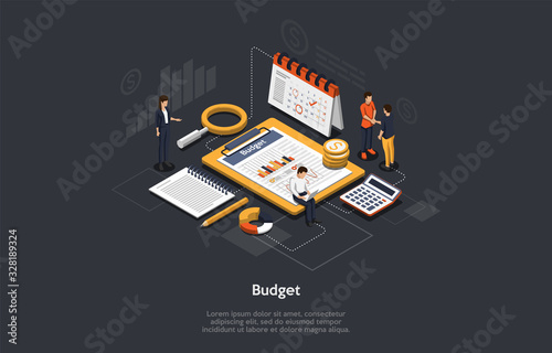 Isometric Budget Concept. Business Characters Are Researching and Planning Budget. People Are Setting Goals. Business Analysis, Digital Investment and Financial Planning. Cartoon Vector Illustration