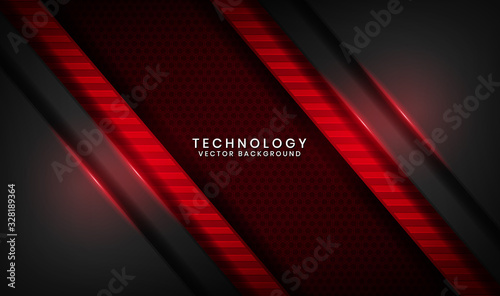 Abstract 3D black and red metallic techno background. Overlap layer on dark space with light effect decoration. Modern graphic design template for poster, cover, flyer, or brochure elements