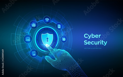 Cyber Security. Data protection business concept on virtual screen. Shield protect icon. Internet privacy and safety. Antivirus interface. Robotic hand touching digital interface. Vector illustration.