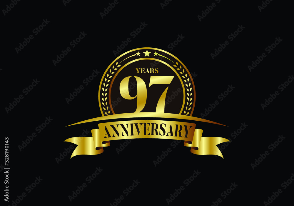 97th years anniversary logo template, vector design birthday celebration, Golden anniversary emblem with ribbon. Design for a booklet, leaflet, magazine, brochure, poster, web, invitation or greeting