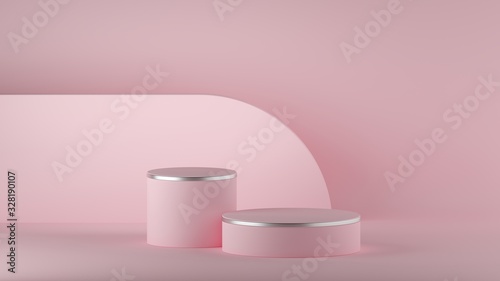 3d render, abstract pink minimal background, clean style. Empty cylinder podium, vacant pedestal, round stage, showcase stand, product display, blank board, expo platform. Copy space. Premium design
