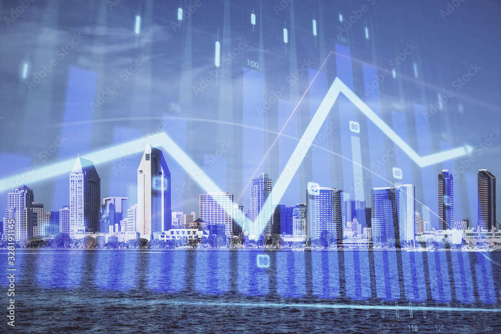 Forex chart on cityscape with skyscrapers wallpaper multi exposure. Financial research concept. Forex chart on cityscape with skyscrapers wallpaper multi exposure. Financial research concept.