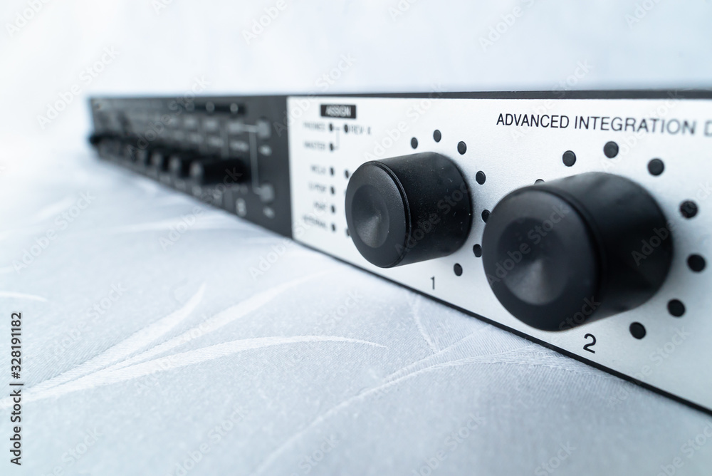 Obraz premium ZURICH, SWITZERLAND - MARCH 4, 2020: The front panel of the audio interface for treatment of audio signals and recording music.