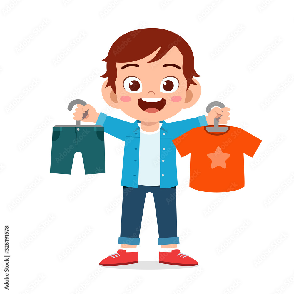 happy cute little kid boy choose clothes