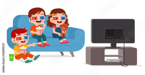happy cute little kid boy and girl watch movie