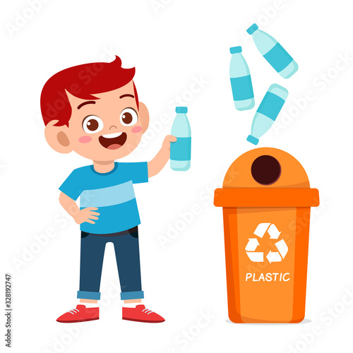 happy cute little kid boy throw trash