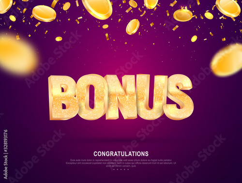 Golden shine bonus word vector banner for gambling. Illustration for casino or online games. Falling down coins on dark background with blur motion effect