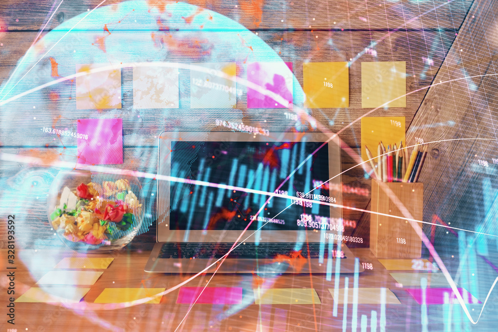 Double exposure of forex graph and work space with computer. Concept of international online trading. Double exposure of forex graph and work space with computer. Concept of international online trading.