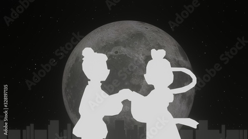 月を背景に手をつなぐカップル