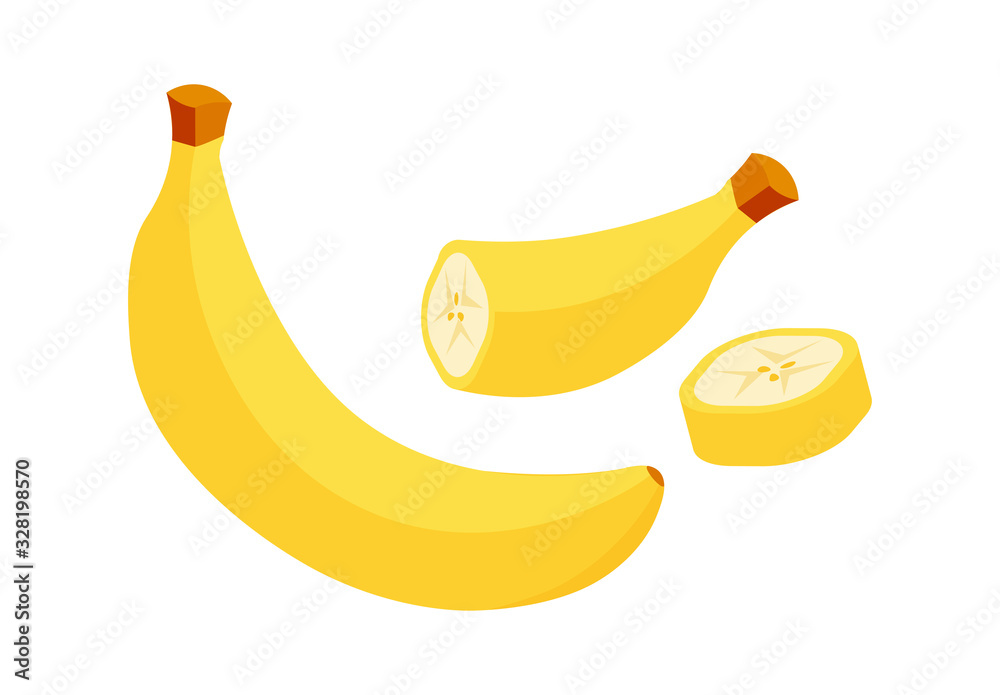 Banana with slices in cartoon style. Cut and peeled bananas. Set of vector icons isolated on white background. Symbol of fresh natural product.