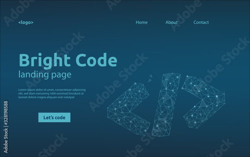 Landing page template with symbol of code in polygonal wireframe style. Vector concept for software development or coding event.