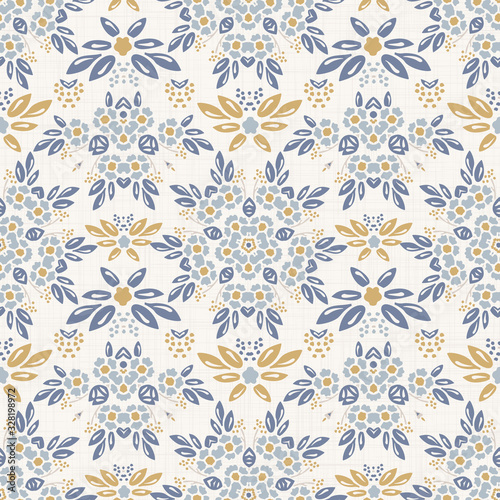 Seamless daisy pattern in french blue linen shabby chic style. Hand drawn floral damask texture. Old white blue background. Interior wallpaper home decor swatch. Ornate flourish motif all over print