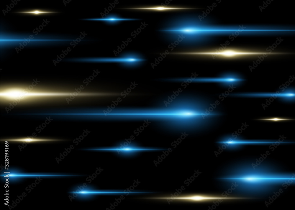 Glowing horizontal yellow and blue lines. Flash speed. Vector illustration.