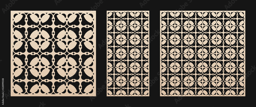 Laser cut panel set. Vector template with abstract geometric pattern in Oriental style, floral grid ornament. Decorative stencil for laser cutting of wood, metal, paper cut. Aspect ratio 1:1, 1:2