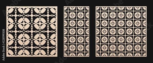 Laser cut panel set. Vector template with abstract geometric pattern in Oriental style, floral grid ornament. Decorative stencil for laser cutting of wood, metal, paper cut. Aspect ratio 1:1, 1:2