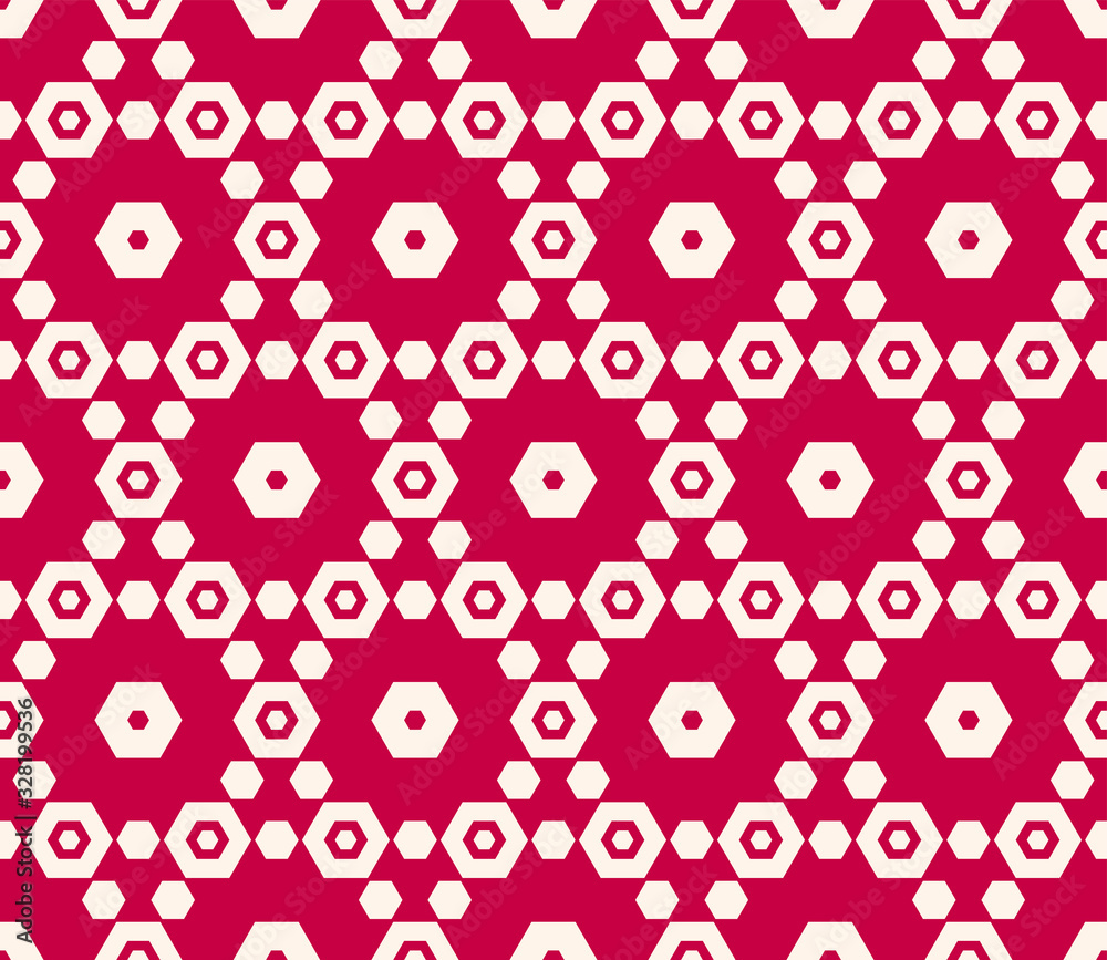 Vector hexagons seamless pattern. Geometric red and white hexagonal background. Vector geometrical texture with small hex shapes, grid, lattice, net. Elegant abstract ornament. Fashionable design